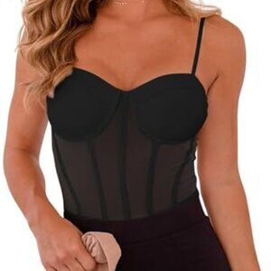 Women's Sexy Mesh Sheer Slimming Bustier Corset Bodysuit With Built In Bra Black